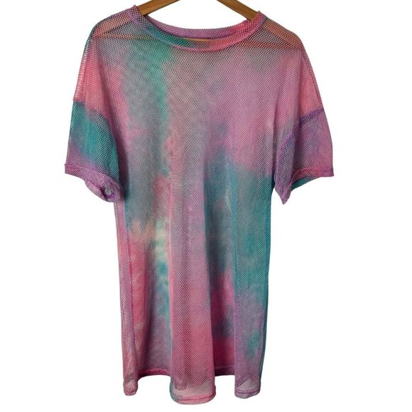 Pastel Rainbow Pink Blue Fishnet Mesh Swim Cover Up and Festival Dress One Size - Picture 3 of 13